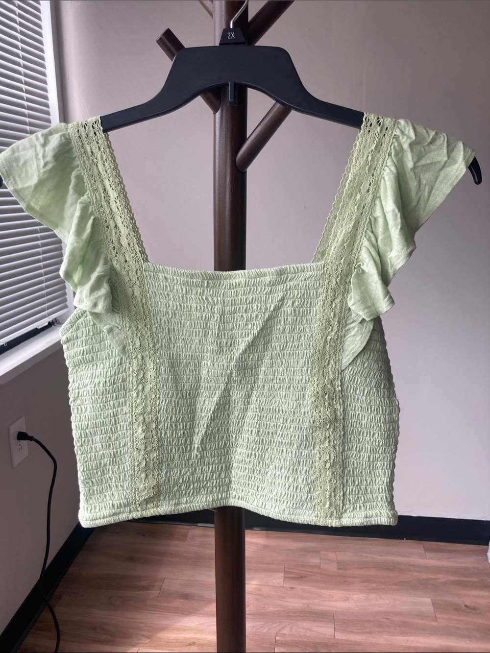 SO top smocked ruffle sleeve crochet trim tank top boho festival party L jr